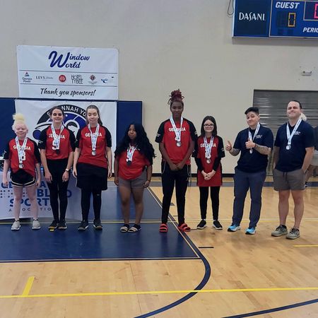 The Georgia girls goalball team poses with their medals at the Savannah tournament